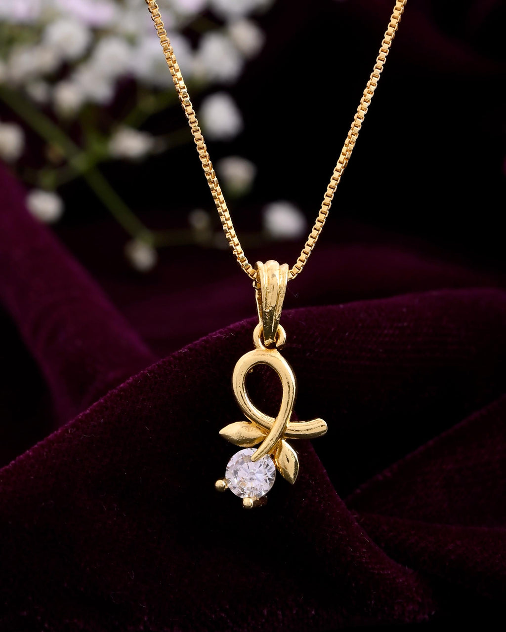 VOJ Gold-Polished Flower Shaped Ad Studded Pendant With Chain