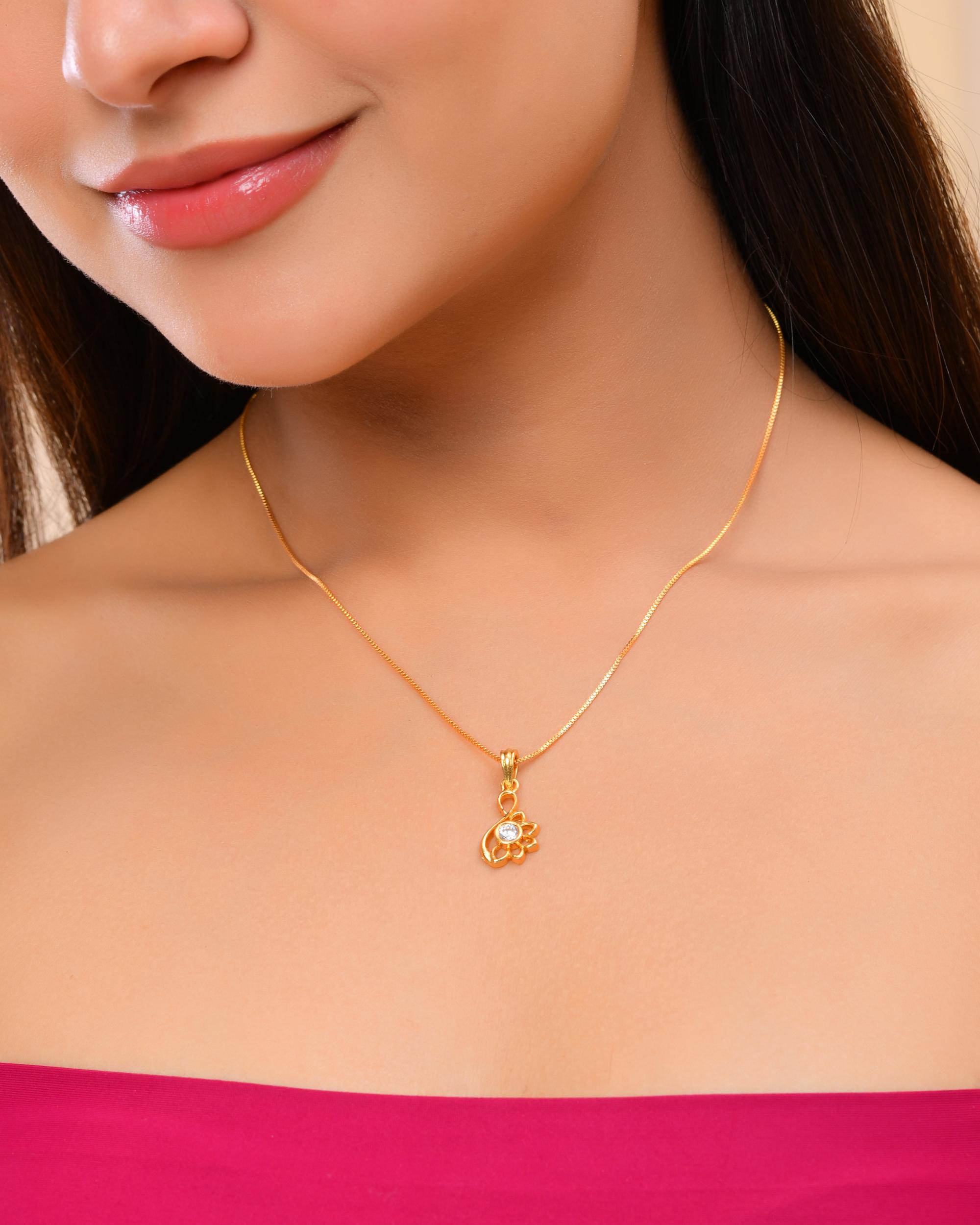 VOJ Gold-Polished Designer Ad Studded Pendant With Chain