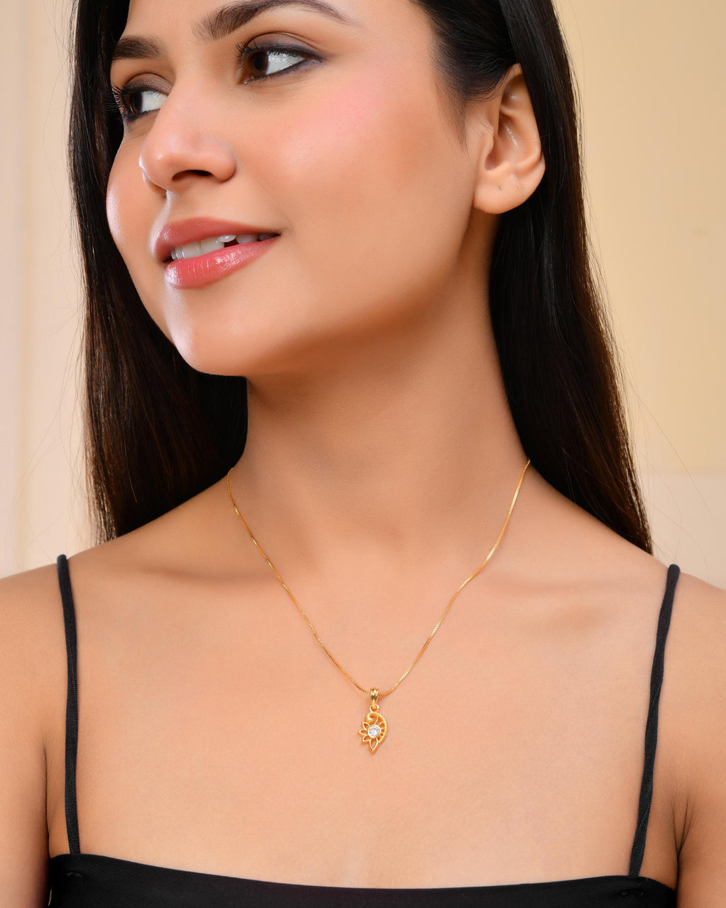 VOJ Gold-Polished Designer Ad Studded Pendant With Chain