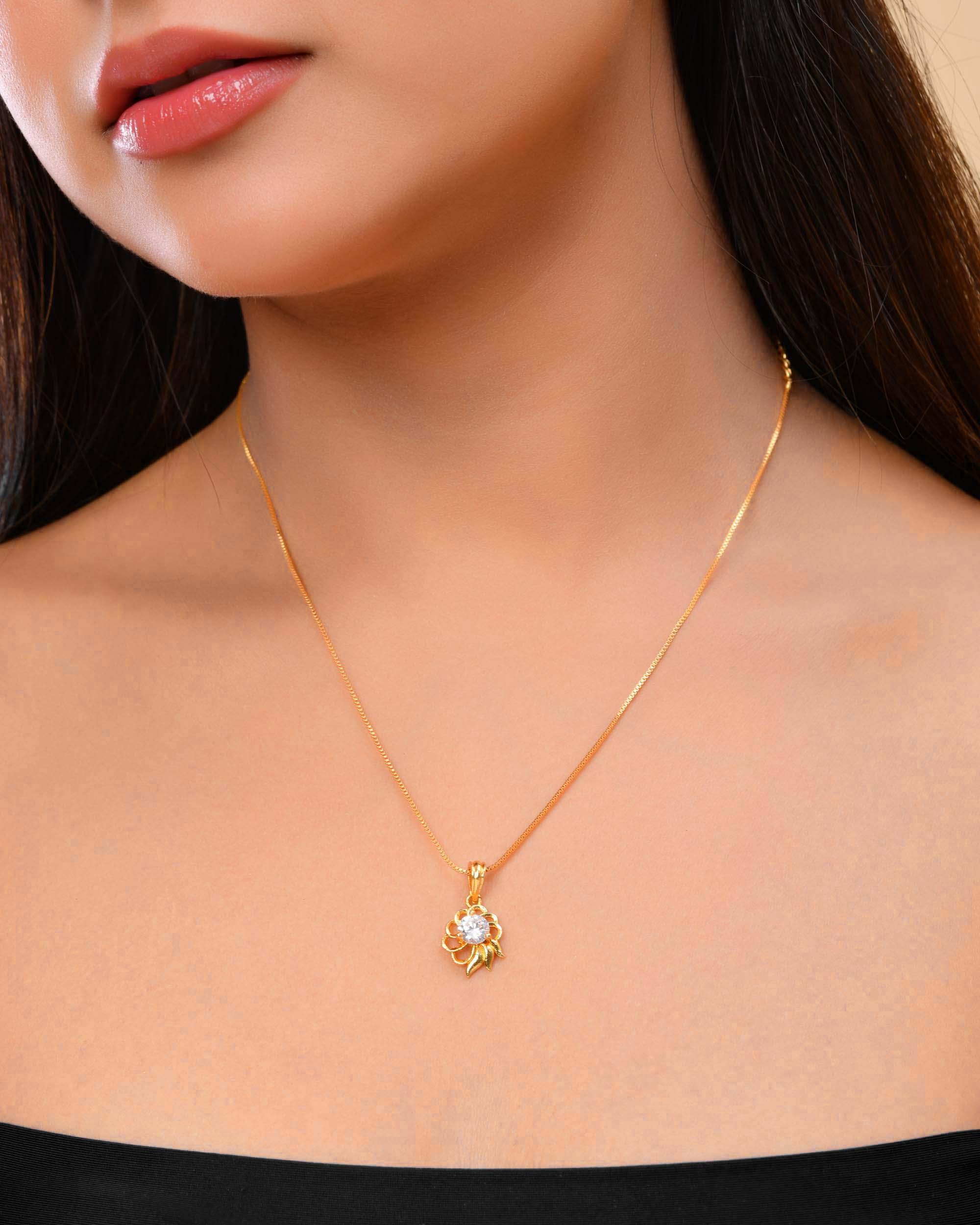 VOJ Gold-Polished Flower Shaped Ad Studded Pendant With Chain