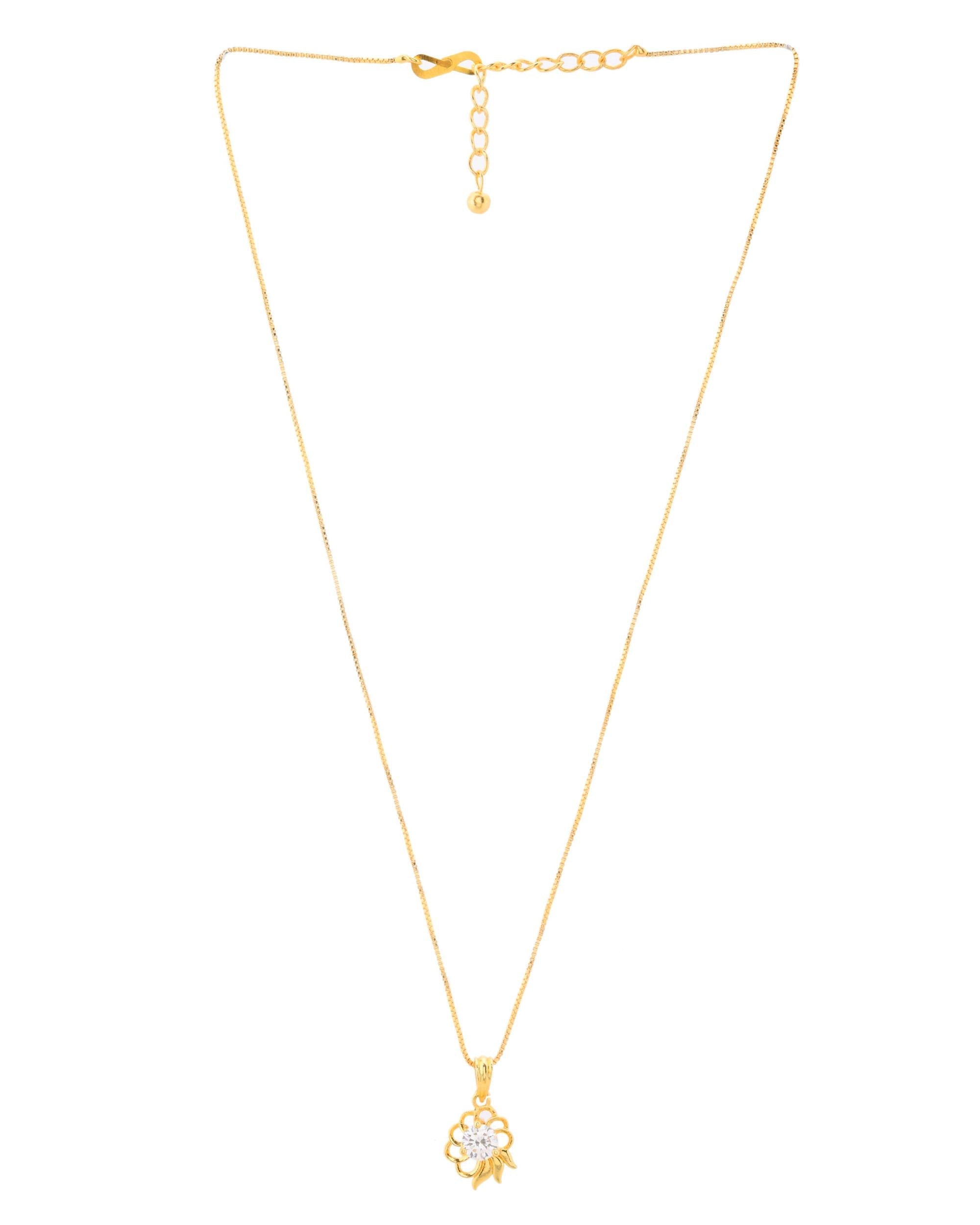 VOJ Gold-Polished Flower Shaped Ad Studded Pendant With Chain