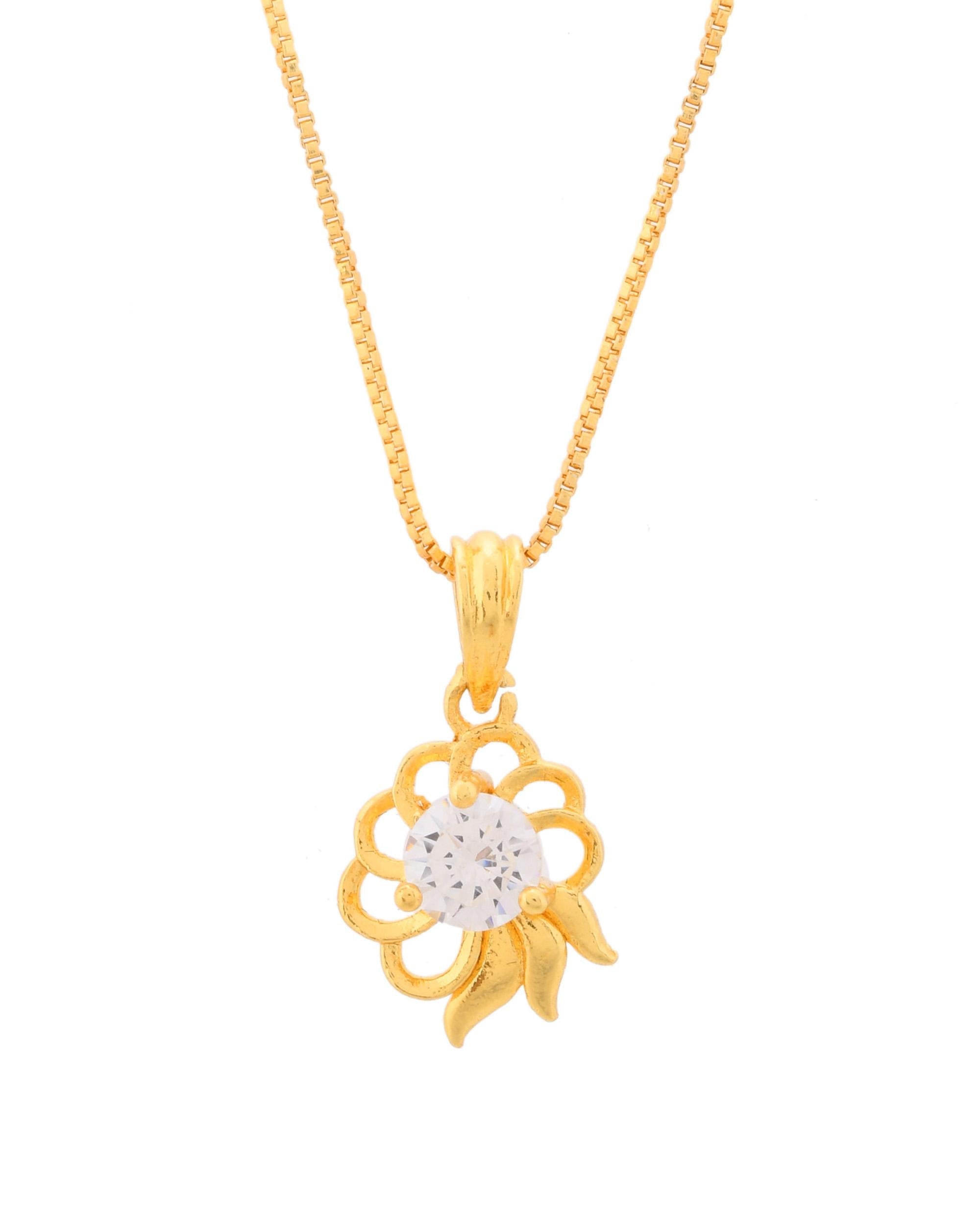 VOJ Gold-Polished Flower Shaped Ad Studded Pendant With Chain
