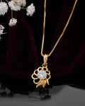 VOJ Gold-Polished Flower Shaped Ad Studded Pendant With Chain