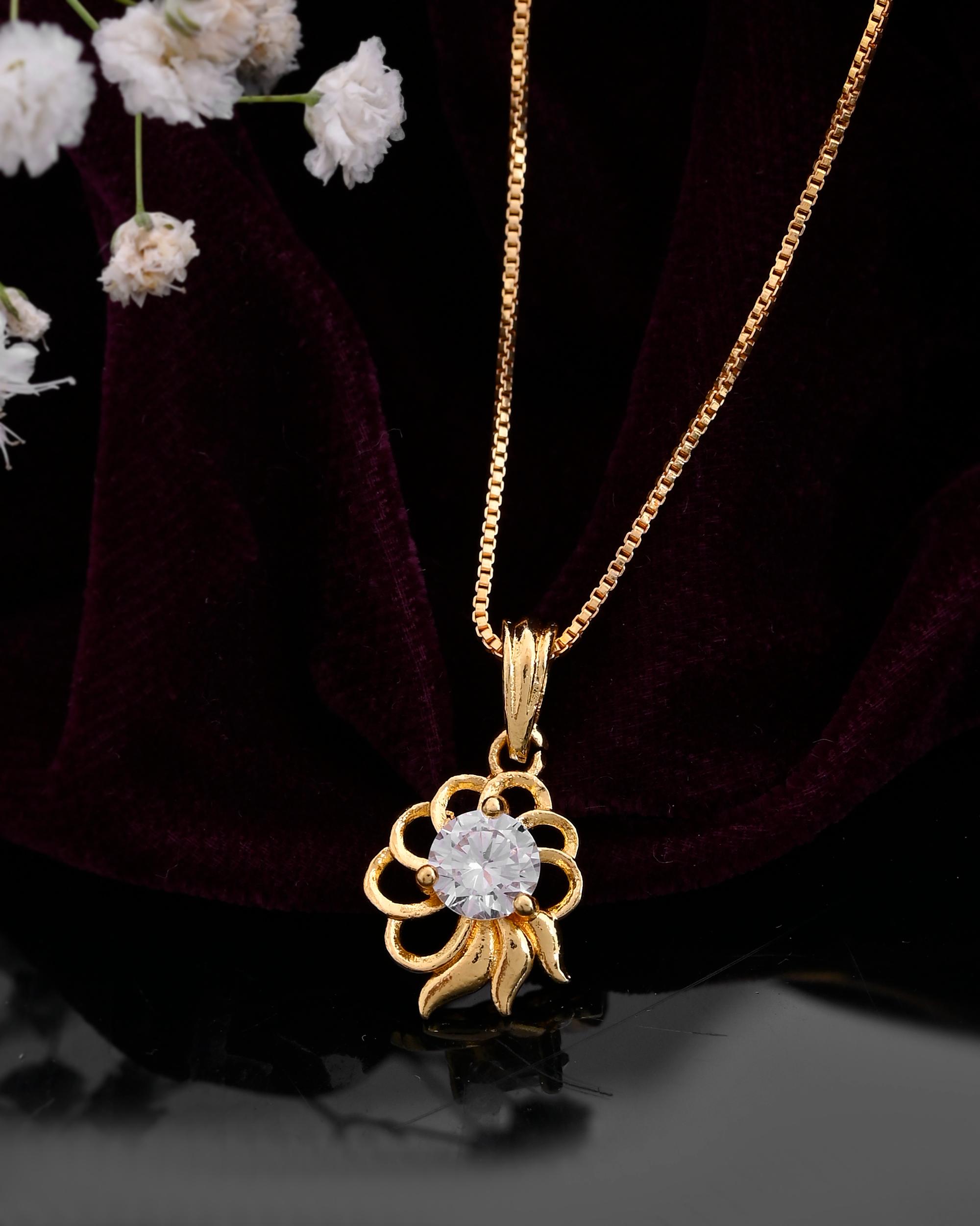 VOJ Gold-Polished Flower Shaped Ad Studded Pendant With Chain