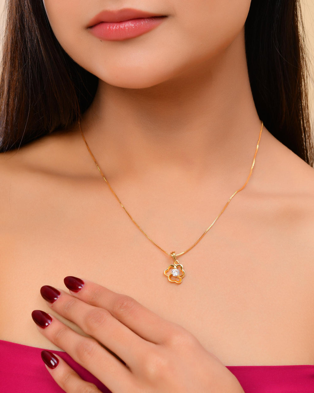VOJ Gold-Polished Flower Shaped Ad Studded Pendant With Chain