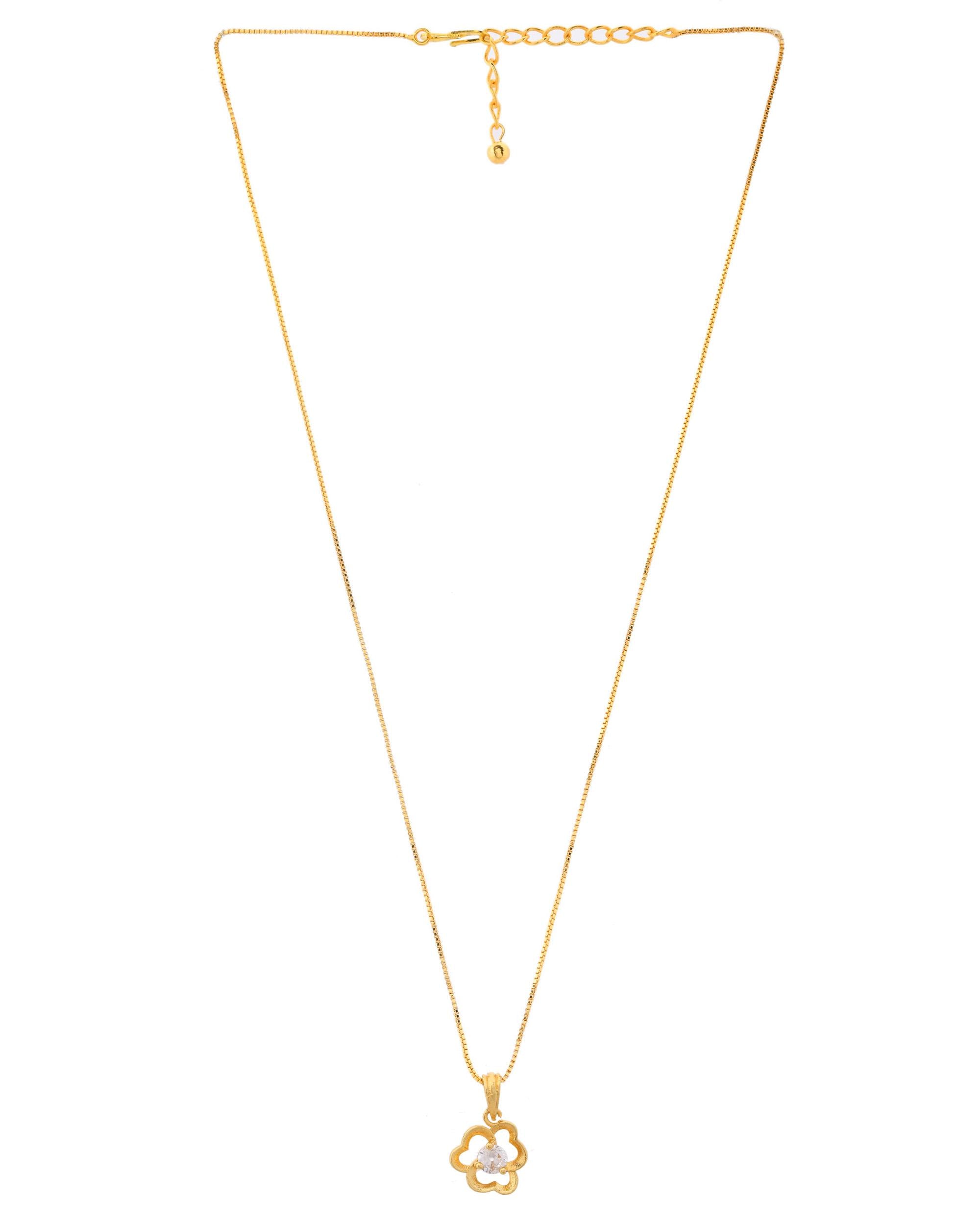 VOJ Gold-Polished Flower Shaped Ad Studded Pendant With Chain