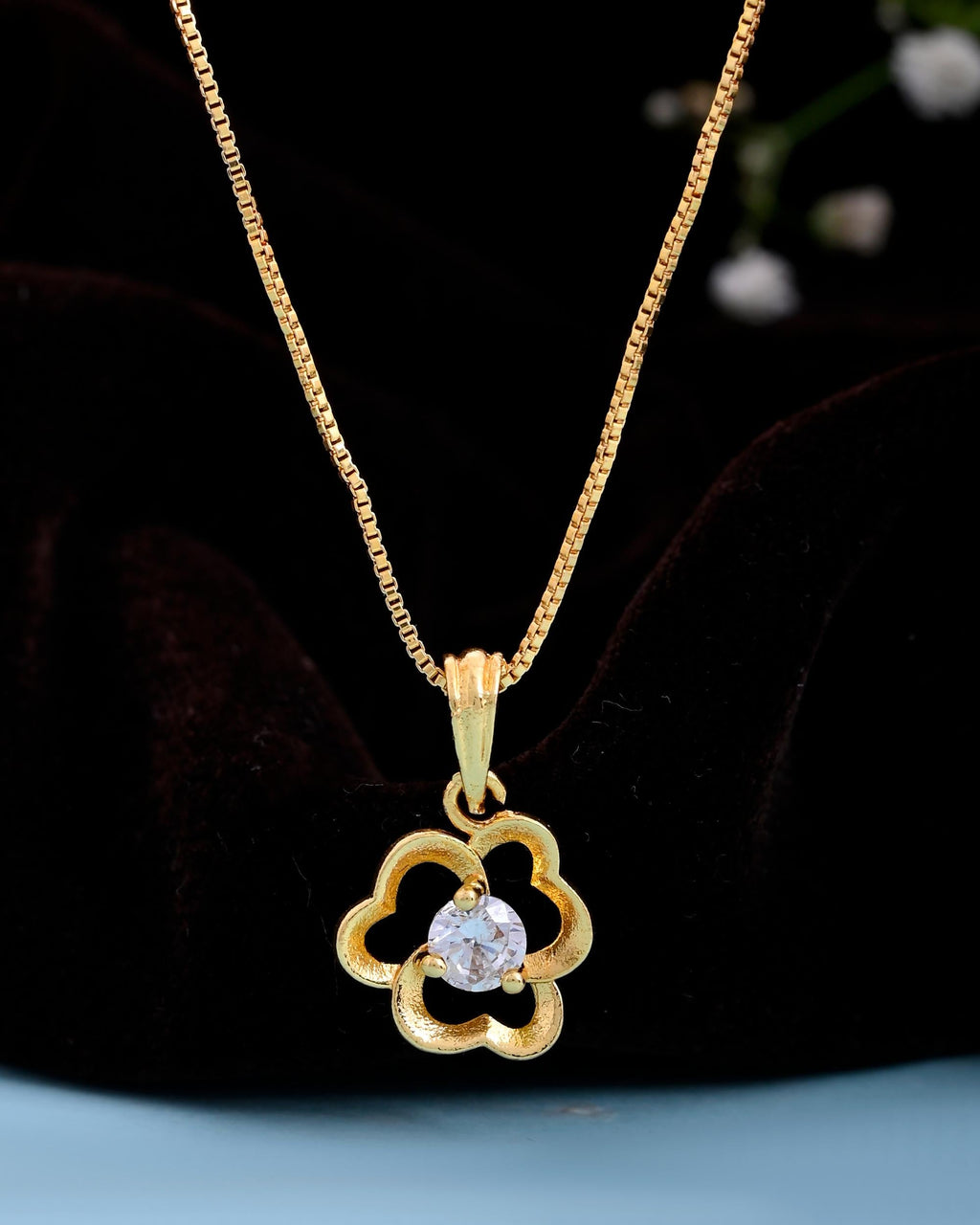 VOJ Gold-Polished Flower Shaped Ad Studded Pendant With Chain
