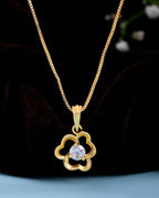 VOJ Gold-Polished Flower Shaped Ad Studded Pendant With Chain