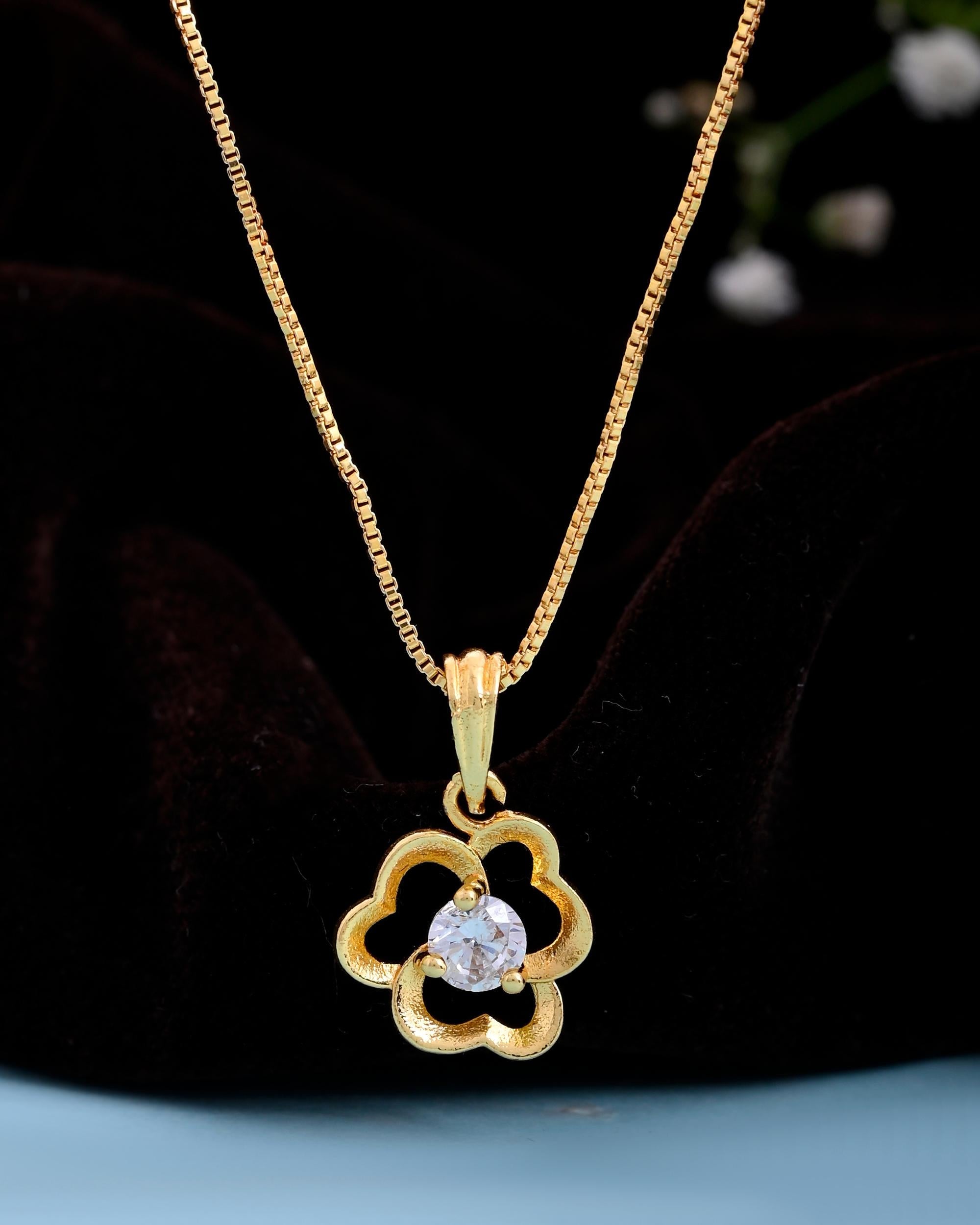 VOJ Gold-Polished Flower Shaped Ad Studded Pendant With Chain