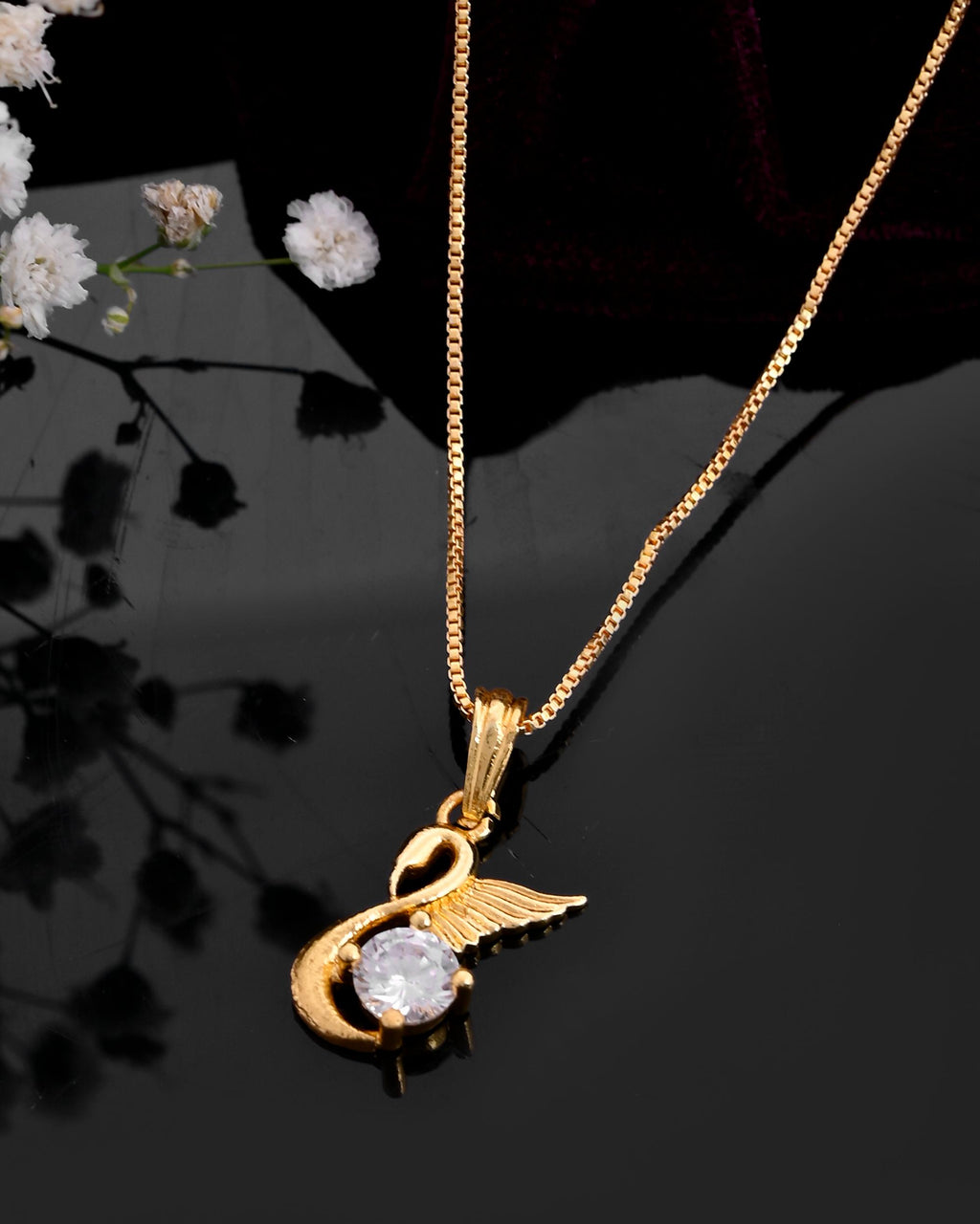 VOJ Gold-Polished Flower Shaped Ad Studded Pendant With Chain