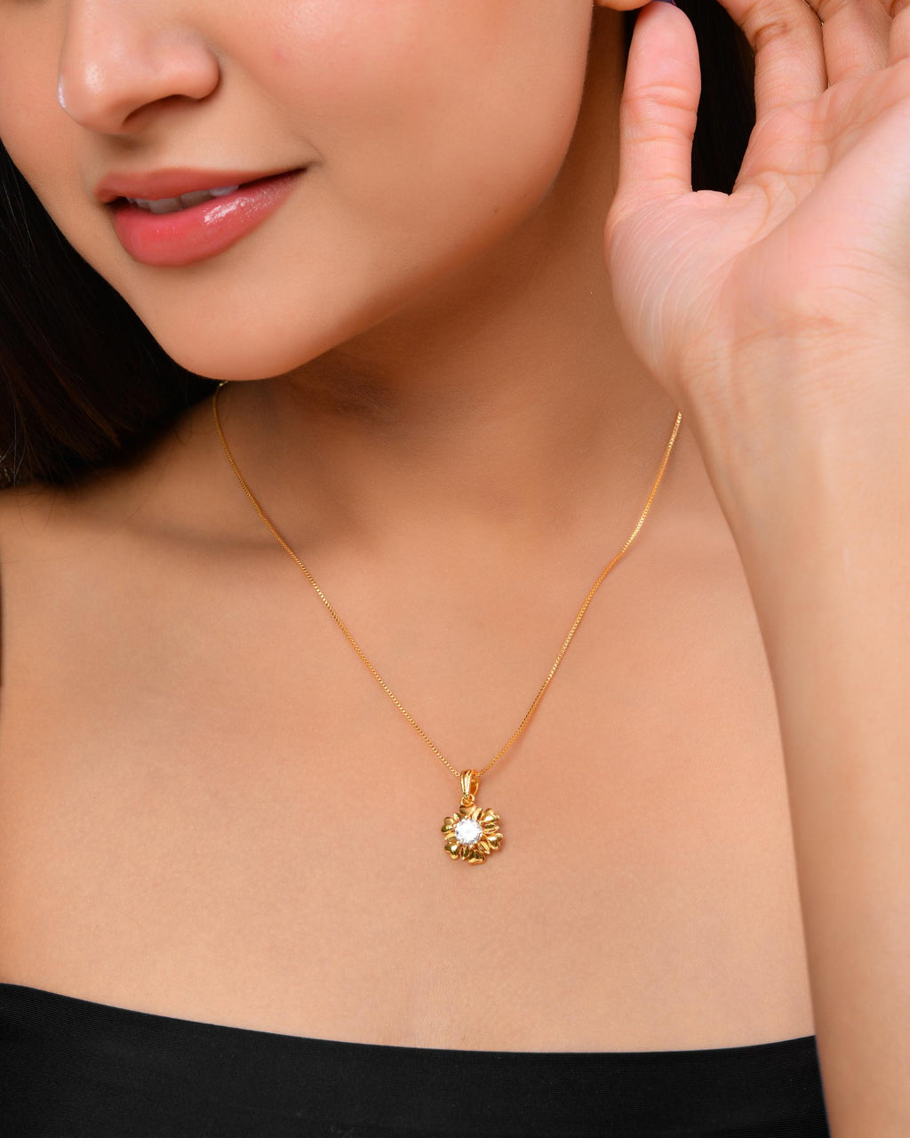 VOJ Gold-Polished Apple Shaped Ad Studded Pendant With Chain
