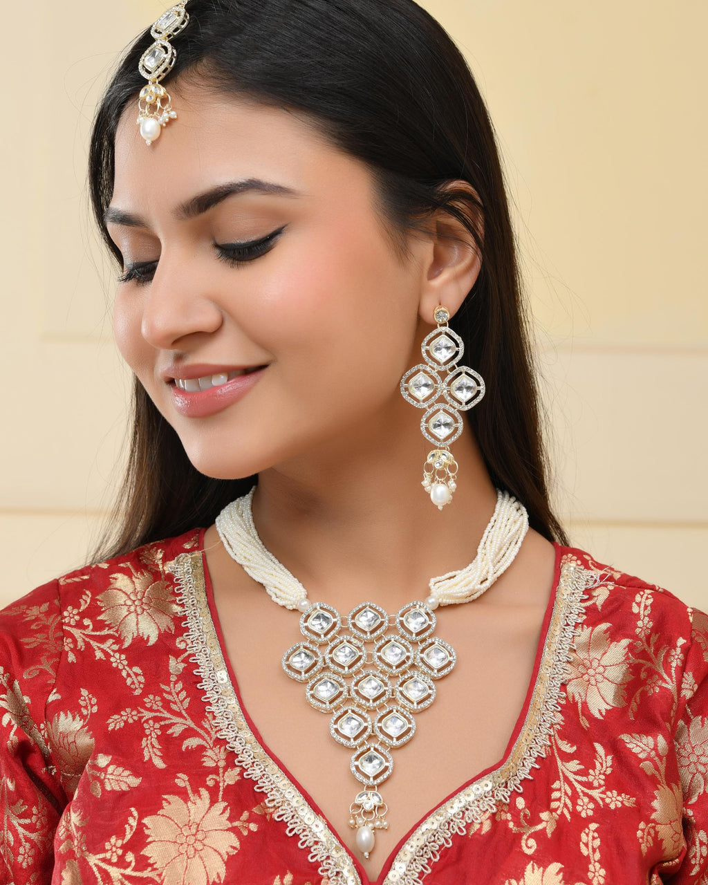 VOJ Gold-Polished Stone With White Beaded Long Jewellery Set