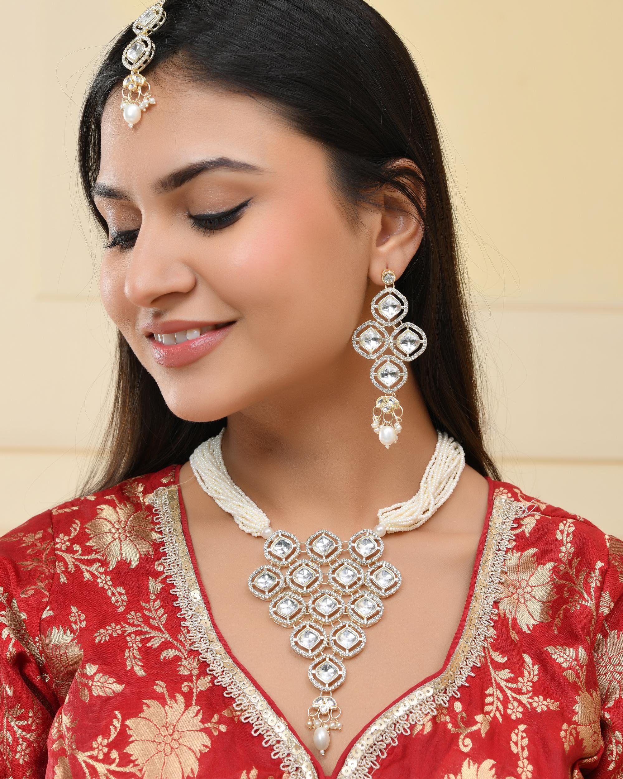 VOJ Gold-Polished Stone With White Beaded Long Jewellery Set