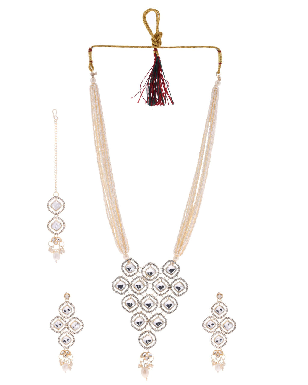 VOJ Gold-Polished Stone With White Beaded Long Jewellery Set