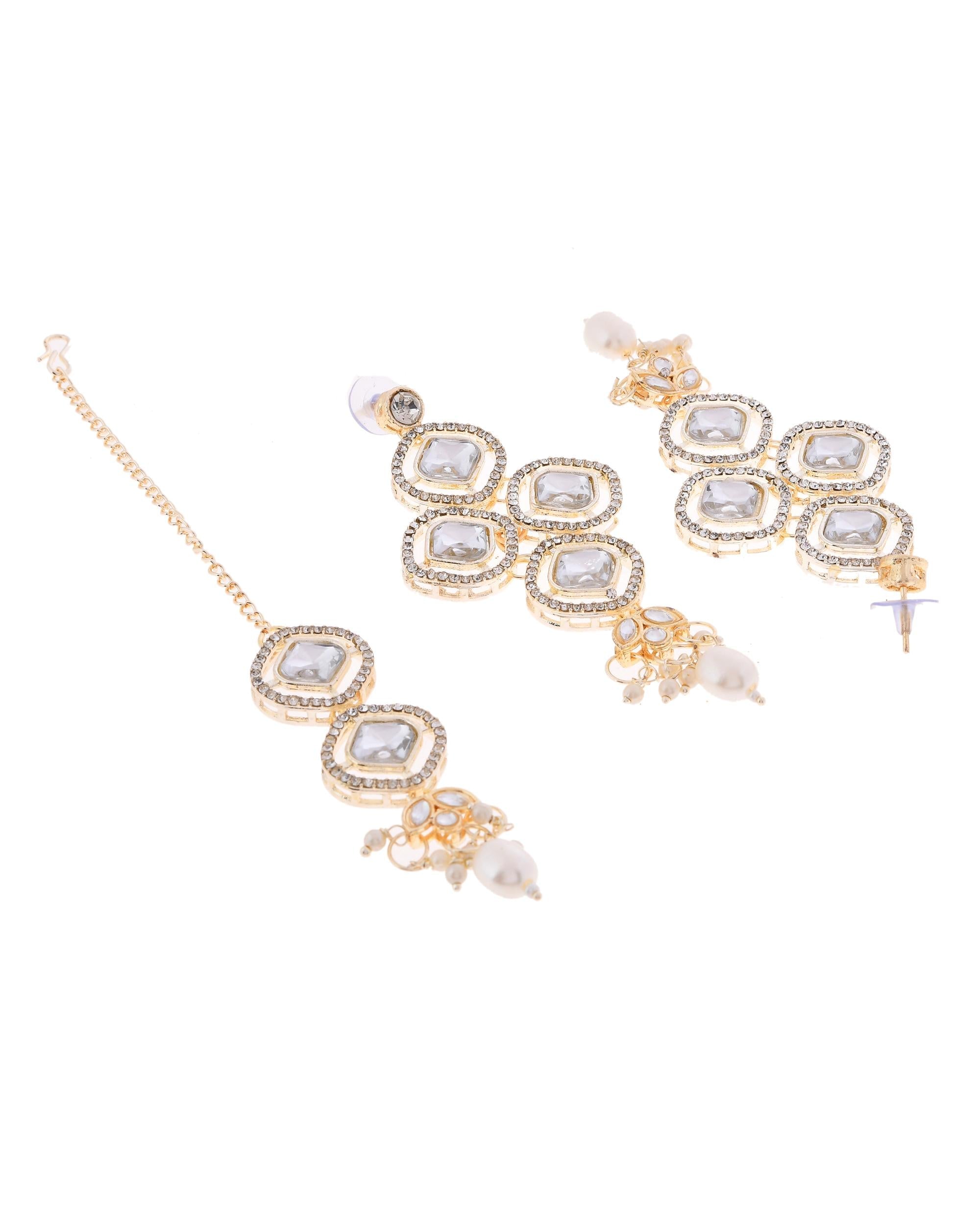 VOJ Gold-Polished Stone With White Beaded Long Jewellery Set