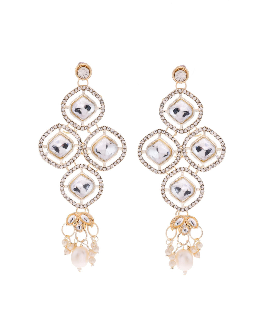 VOJ Gold-Polished Stone With White Beaded Long Jewellery Set