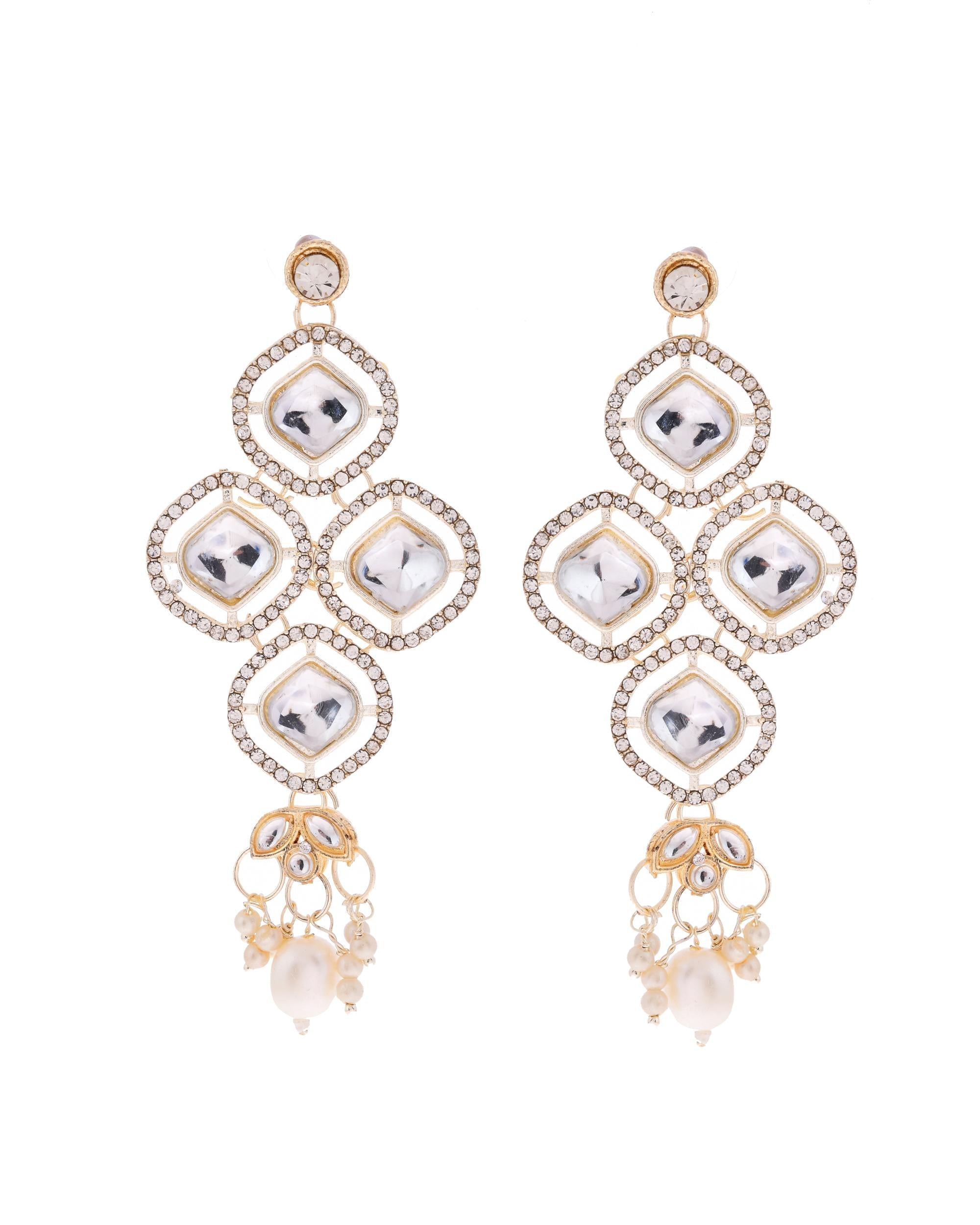 VOJ Gold-Polished Stone With White Beaded Long Jewellery Set