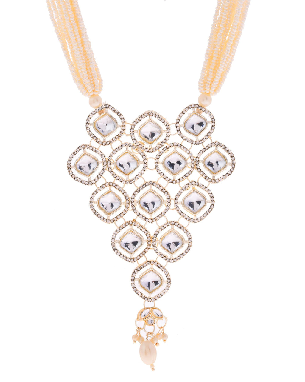 VOJ Gold-Polished Stone With White Beaded Long Jewellery Set