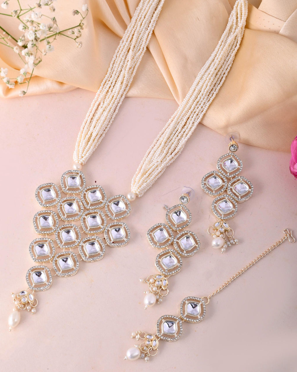 VOJ Gold-Polished Stone With White Beaded Long Jewellery Set