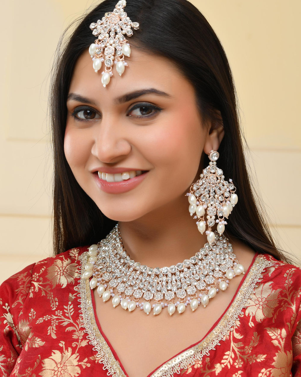 VOJ Gold-Polished Stone Studded Choker Jewellery Set With Maang Tikka
