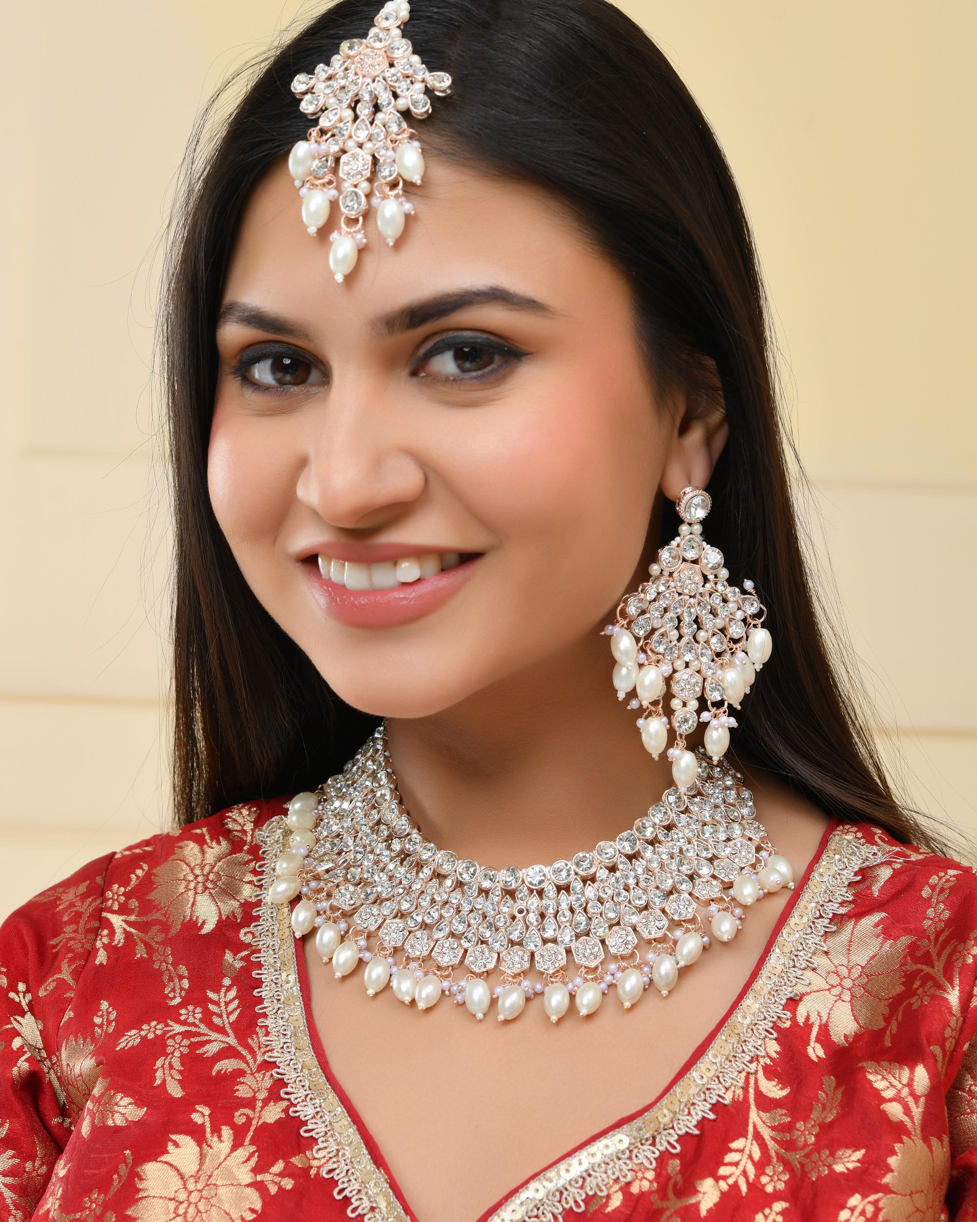 VOJ Gold-Polished Stone Studded Choker Jewellery Set With Maang Tikka
