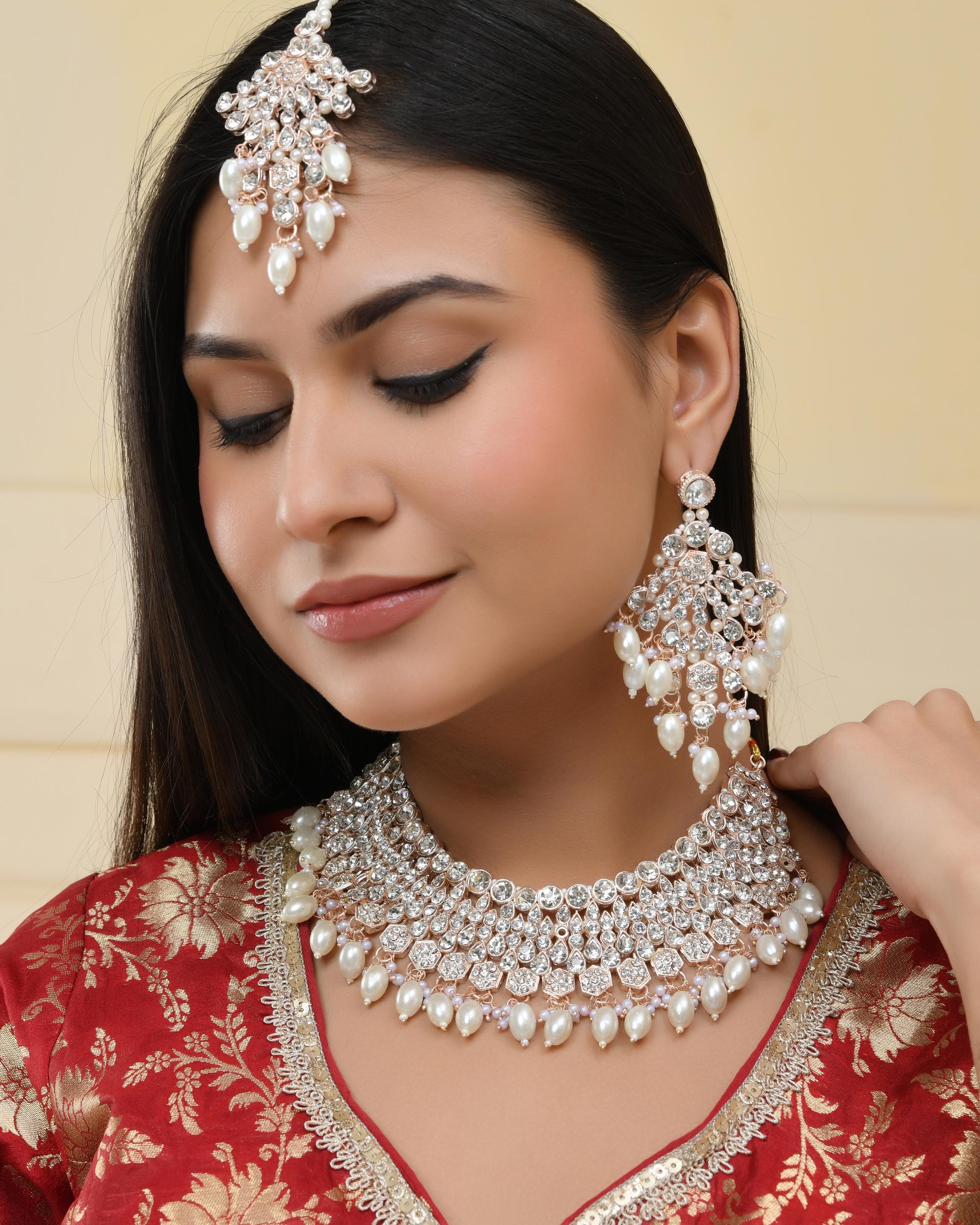 VOJ Gold-Polished Stone Studded Choker Jewellery Set With Maang Tikka