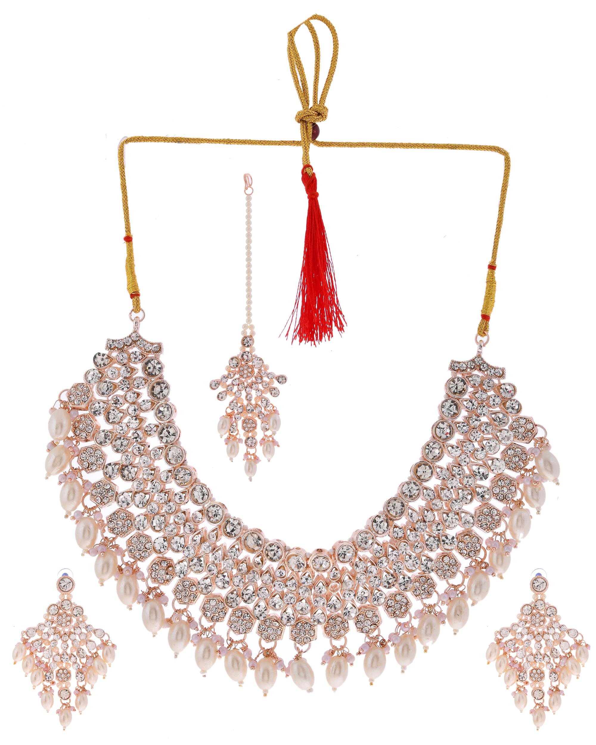 VOJ Gold-Polished Stone Studded Choker Jewellery Set With Maang Tikka