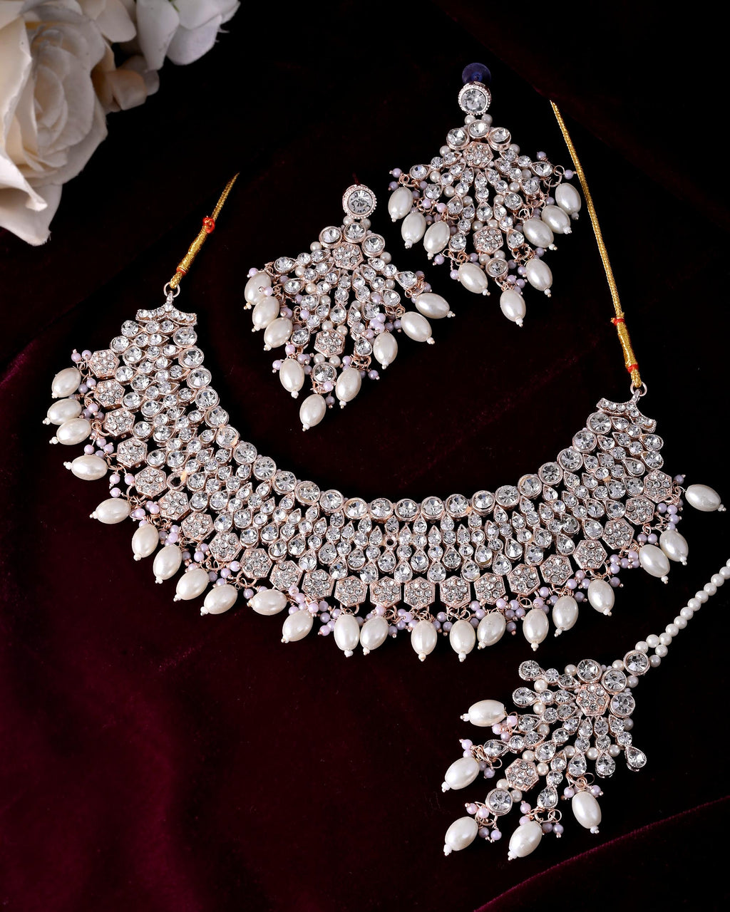 VOJ Gold-Polished Stone Studded Choker Jewellery Set With Maang Tikka