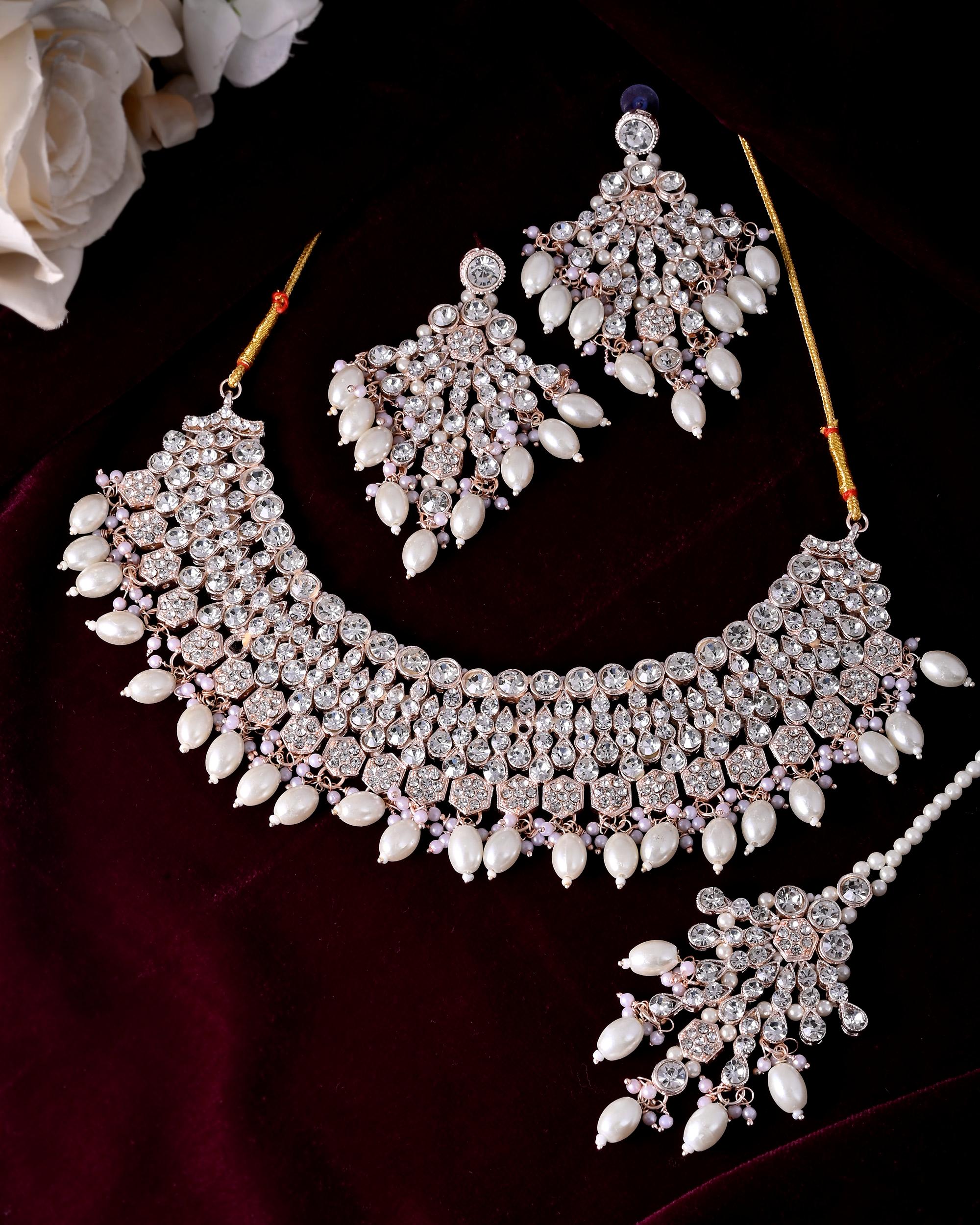 VOJ Gold-Polished Stone Studded Choker Jewellery Set With Maang Tikka