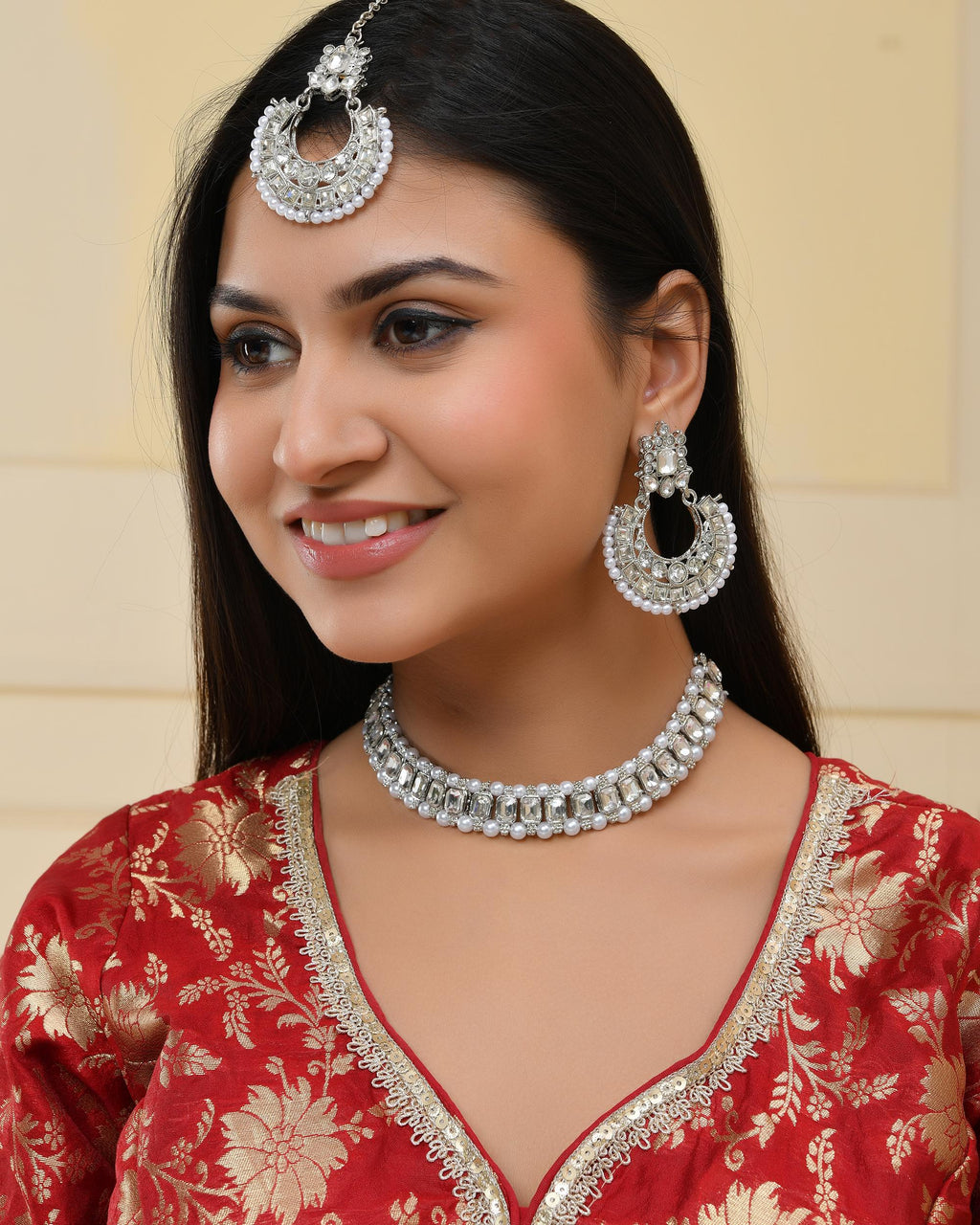 VOJ Silver Plated Stone Studded Jewellery Set With Maang Tikka