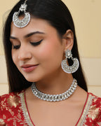 VOJ Silver Plated Stone Studded Jewellery Set With Maang Tikka