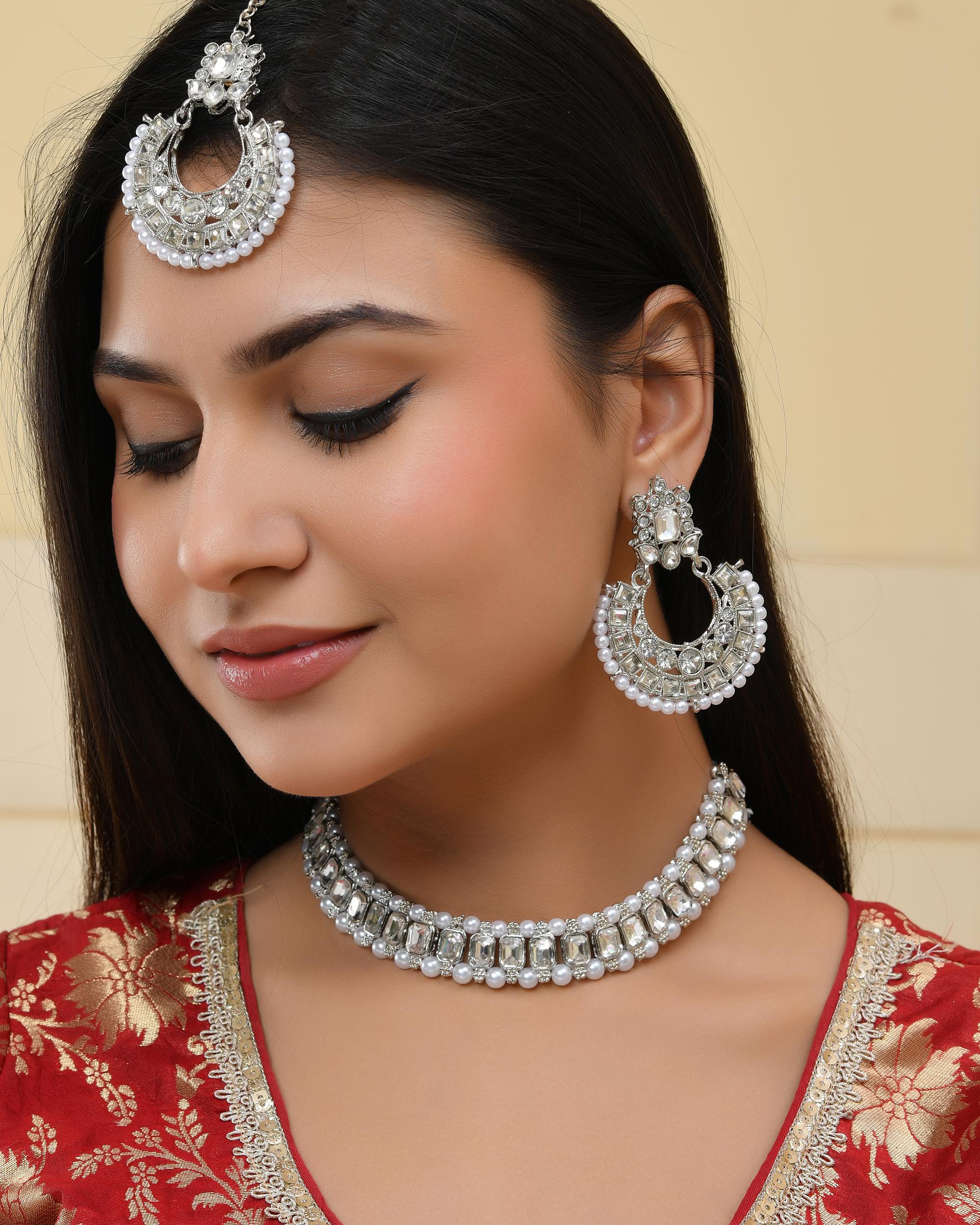 VOJ Silver Plated Stone Studded Jewellery Set With Maang Tikka