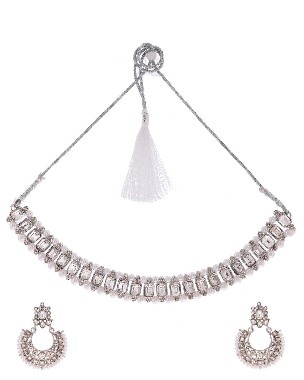 VOJ Silver Plated Stone Studded Jewellery Set With Maang Tikka