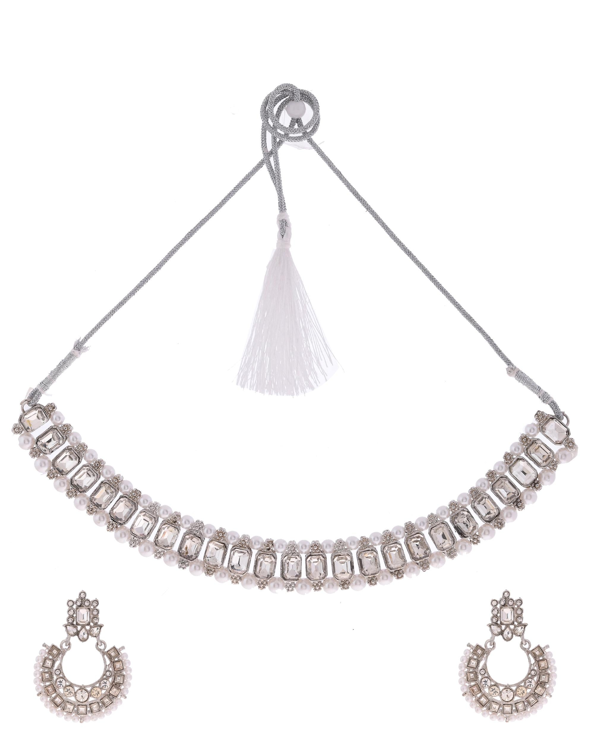 VOJ Silver Plated Stone Studded Jewellery Set With Maang Tikka