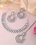 VOJ Silver Plated Stone Studded Jewellery Set With Maang Tikka