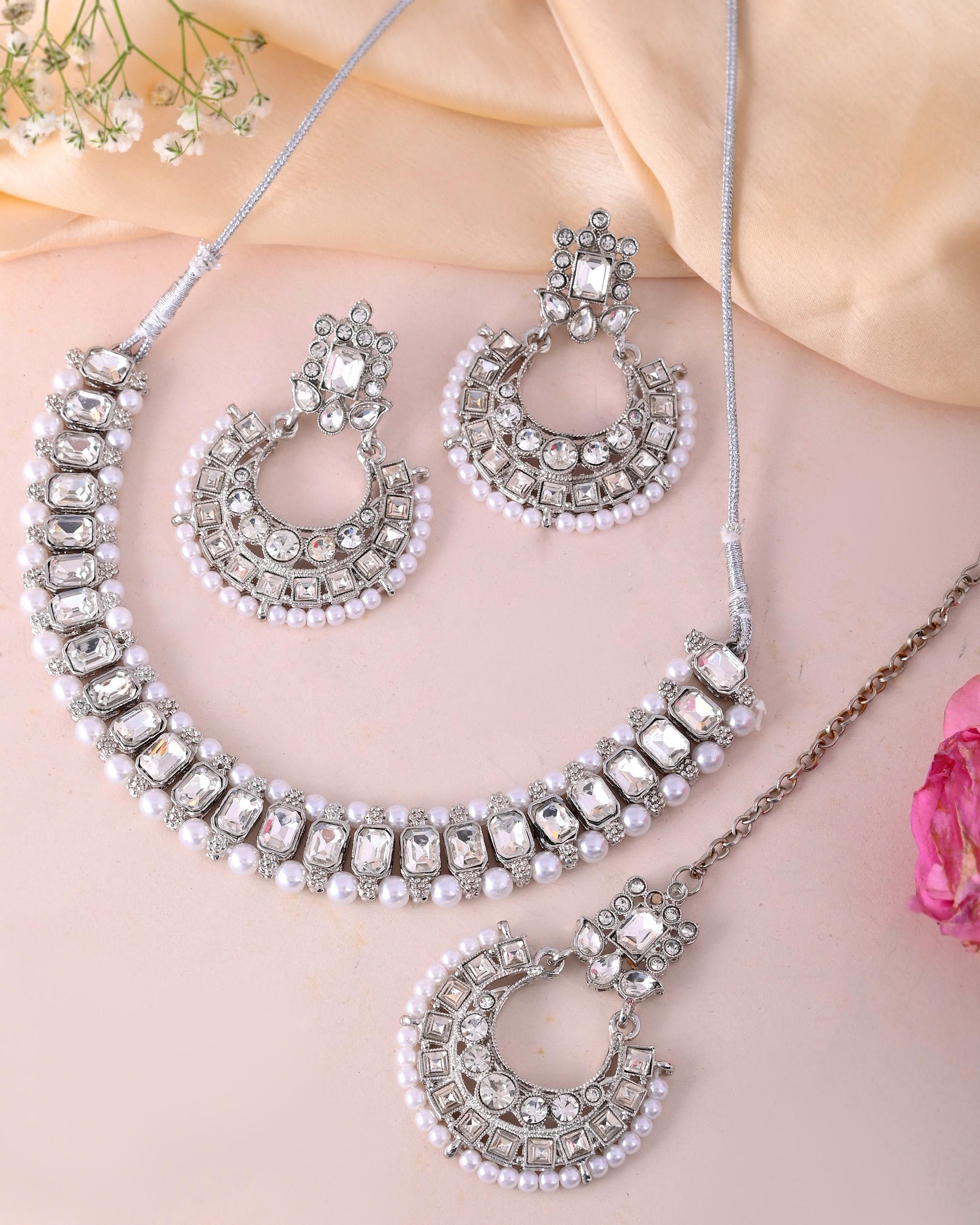 VOJ Silver Plated Stone Studded Jewellery Set With Maang Tikka