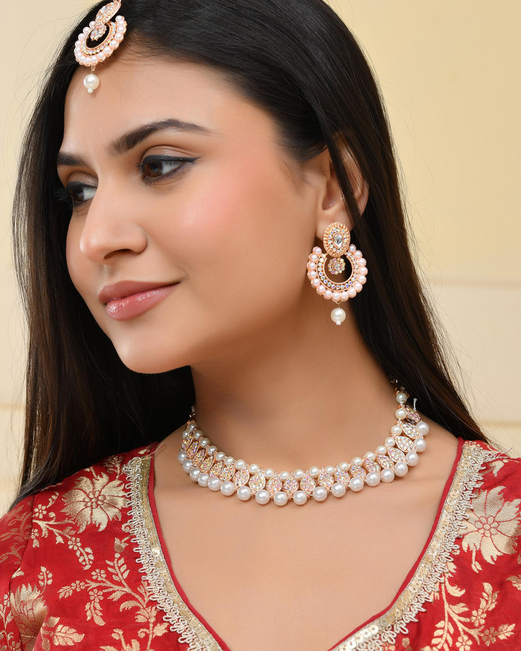 VOJ Gold-Polished Stone And White Beaded Choker Jewellery Set With Maang Tikka