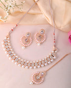 VOJ Gold-Polished Stone And White Beaded Choker Jewellery Set With Maang Tikka