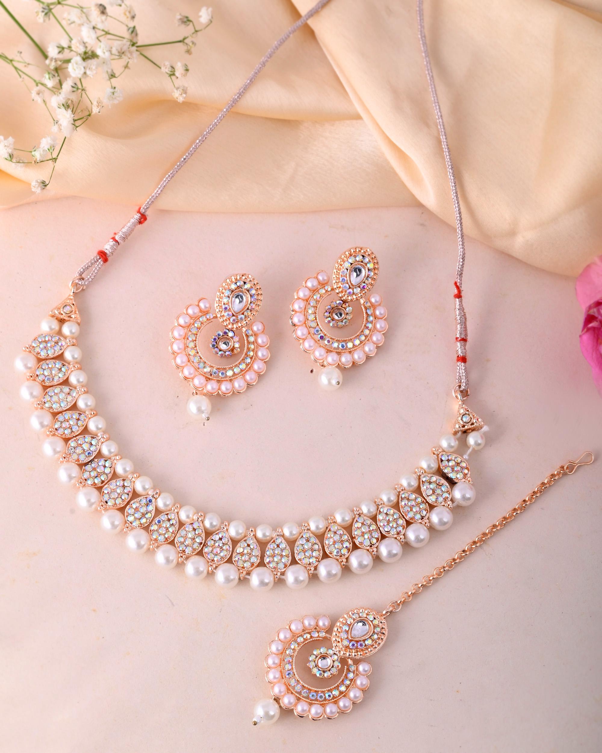 VOJ Gold-Polished Stone And White Beaded Choker Jewellery Set With Maang Tikka