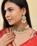 VOJ Gold-Polished Kundan And White Beaded Jewellery Set