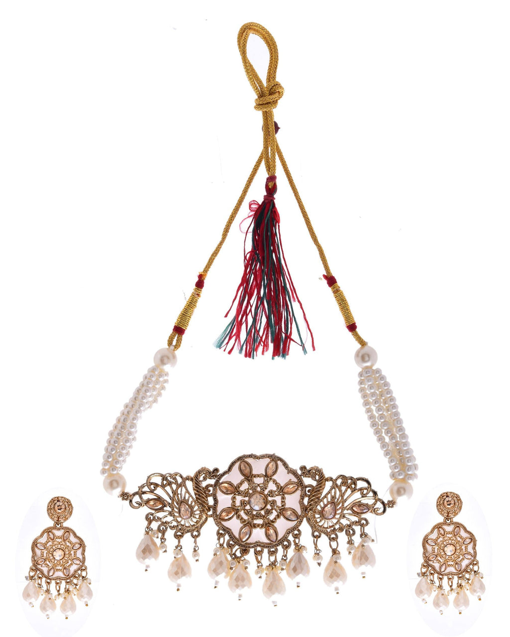 VOJ Gold-Polished Kundan And White Beaded Jewellery Set