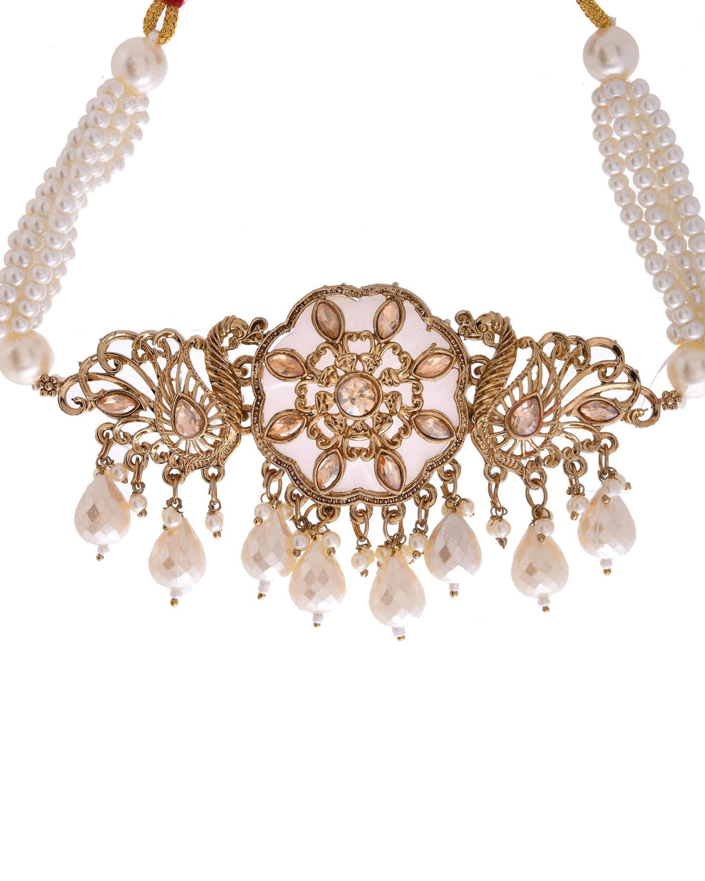 VOJ Gold-Polished Kundan And White Beaded Jewellery Set