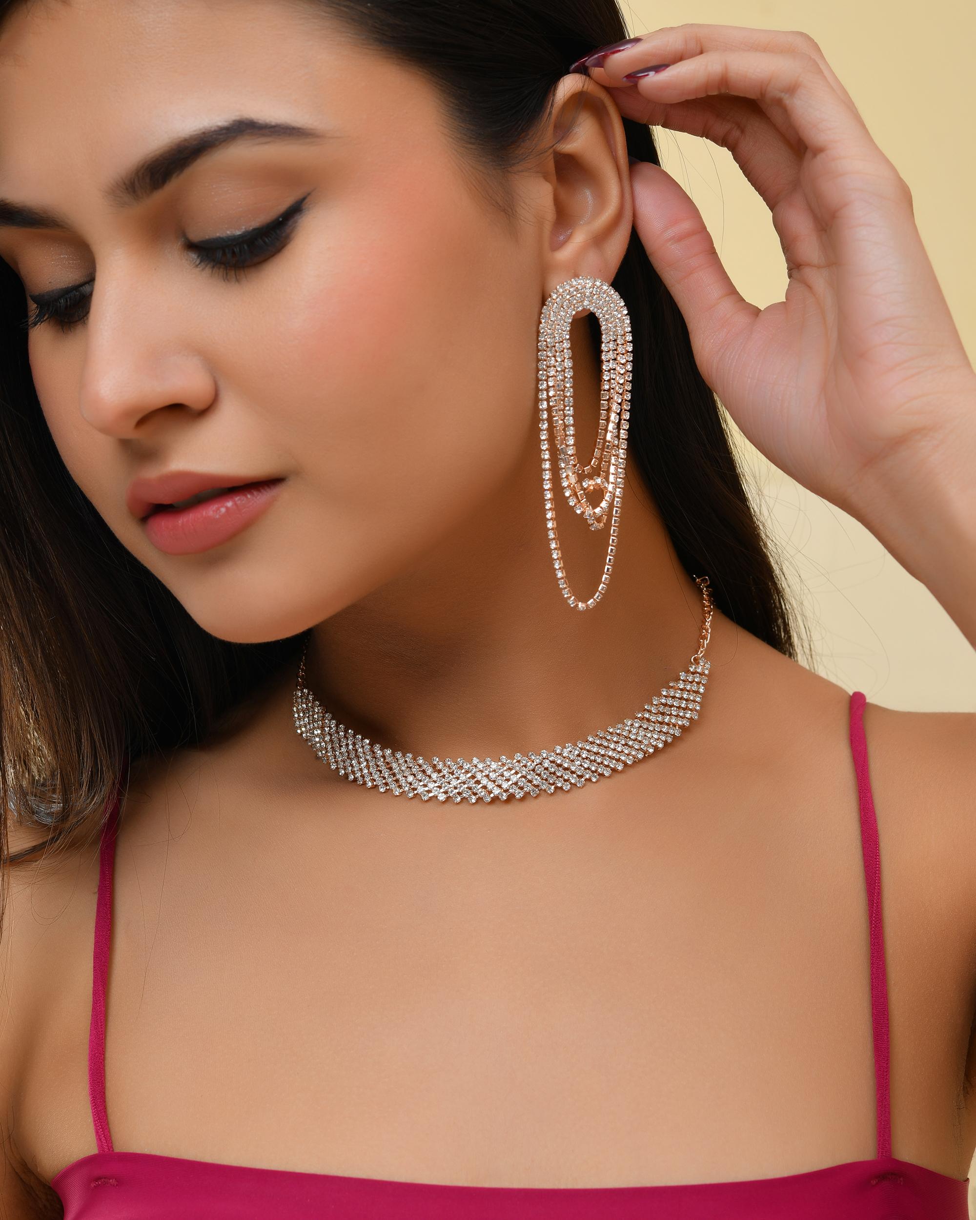 VOJ Gold-Polished Stone Studded Necklace With Earrings Set