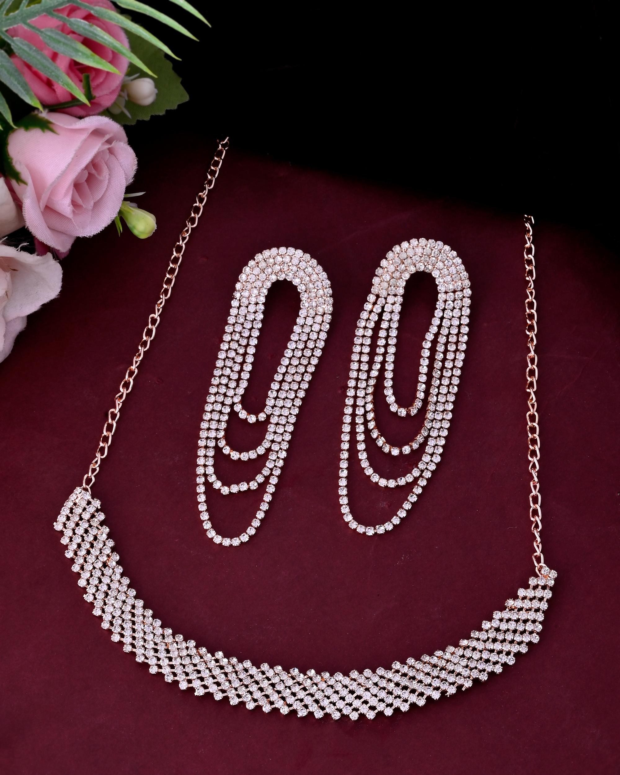 VOJ Gold-Polished Stone Studded Necklace With Earrings Set