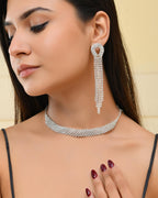 VOJ Silver Plated Stone Studded Necklace With Earrings Set