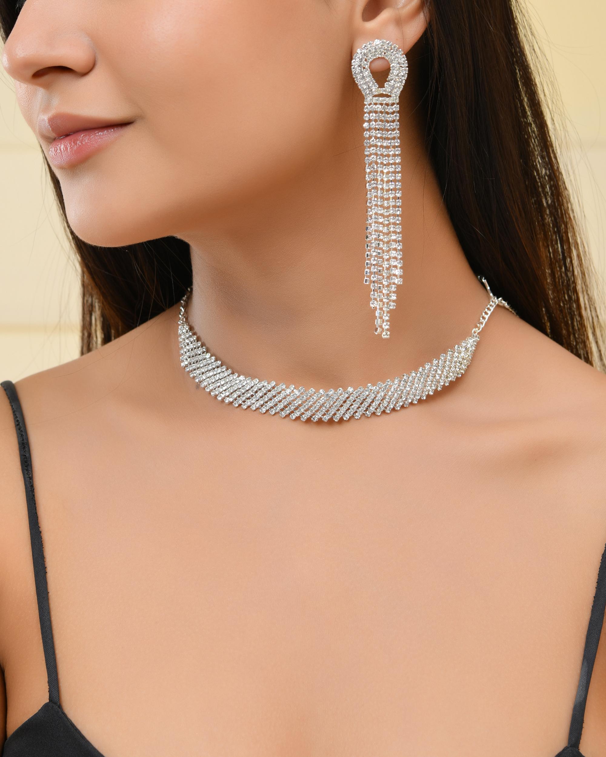 VOJ Silver Plated Stone Studded Necklace With Earrings Set