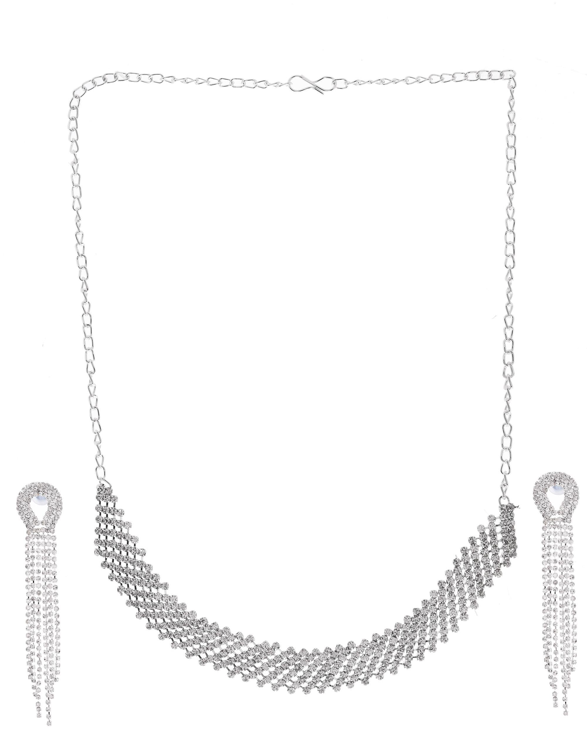 VOJ Silver Plated Stone Studded Necklace With Earrings Set