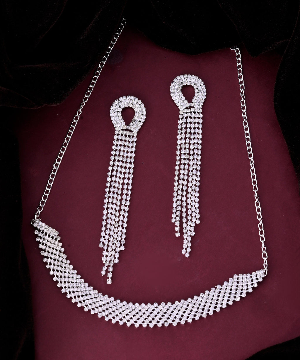 VOJ Silver Plated Stone Studded Necklace With Earrings Set