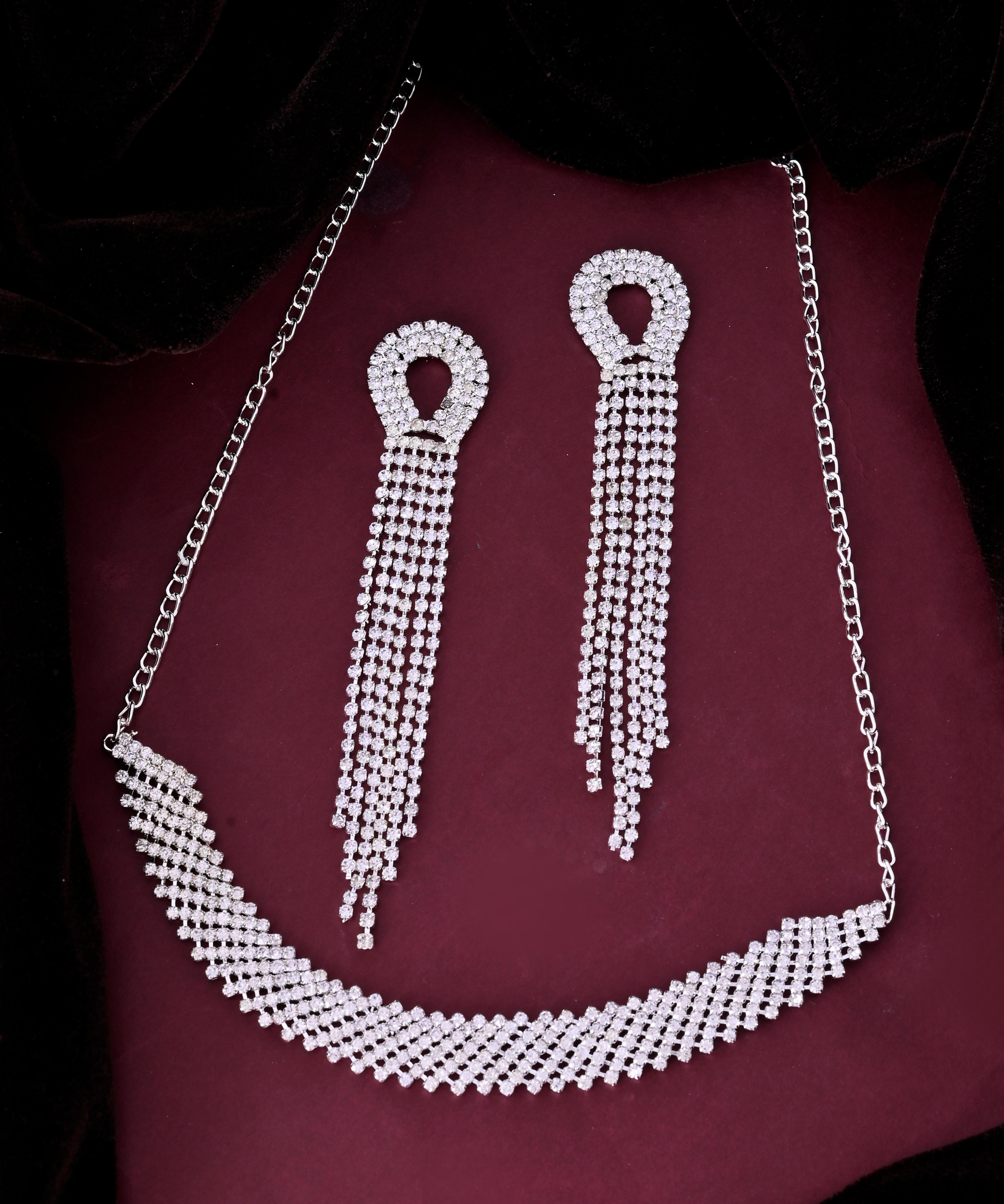 VOJ Silver Plated Stone Studded Necklace With Earrings Set