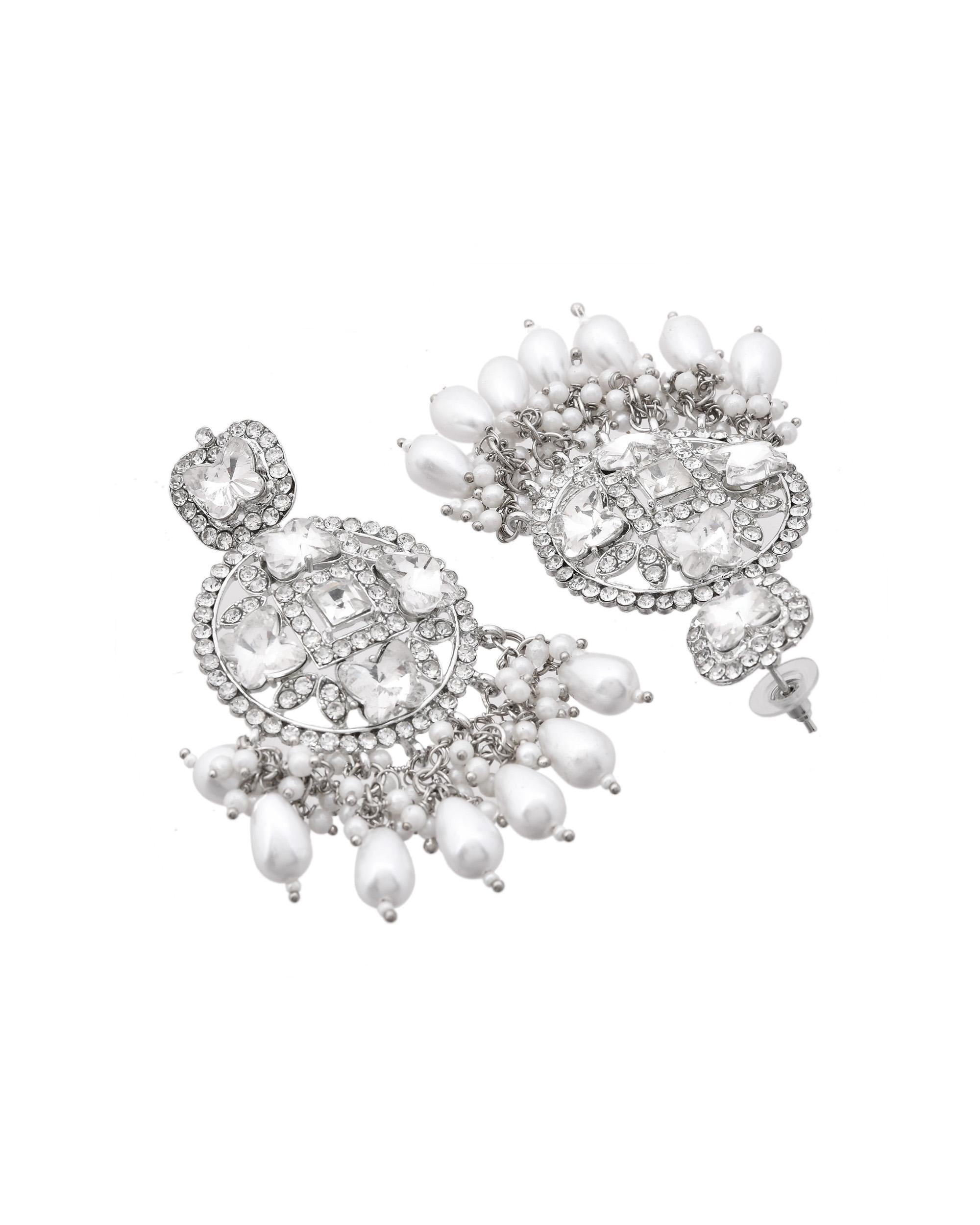 VOJ Silver Plated Stone Studded Crescent Shaped Earrings - Distacart